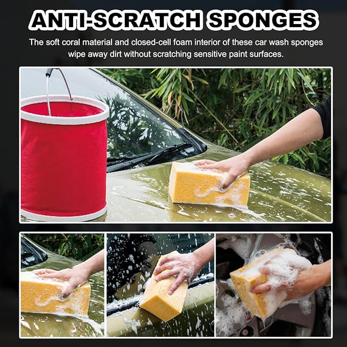 5PCS Car Wash Sponges, 8.5"×4.4"×3.5" Large Extra Soft Coral Non Scratch Sponge, Car Cleaning Cellulose Sponge Thick Foam Pad for Washing Window Sensitive Surfaces (Yellow)