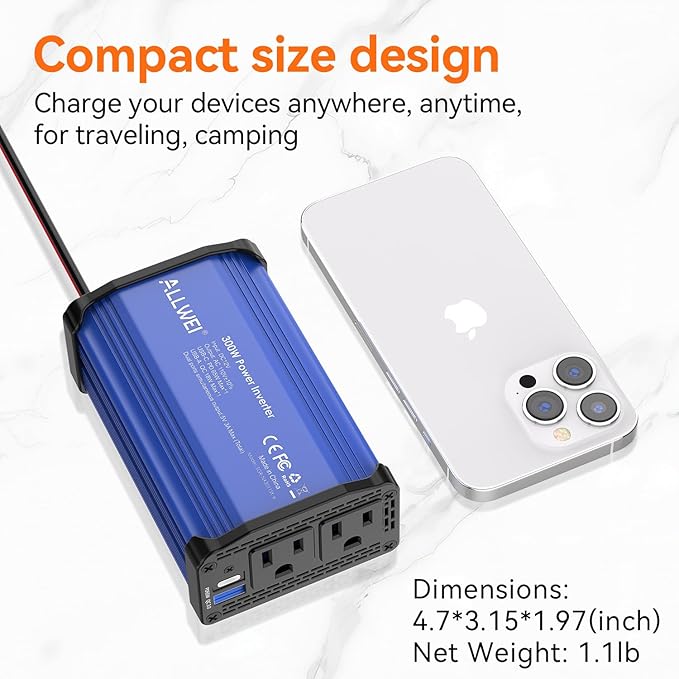ALLWEI 300W Car Power Inverter, DC 12V to 110V AC Converter Car Plug Adapter Outlet with 65W PD USB-C & 18W USB-A Fast Charge, Car Cigarette Lighter Charger for Phone, Laptop, Tablet - Blue