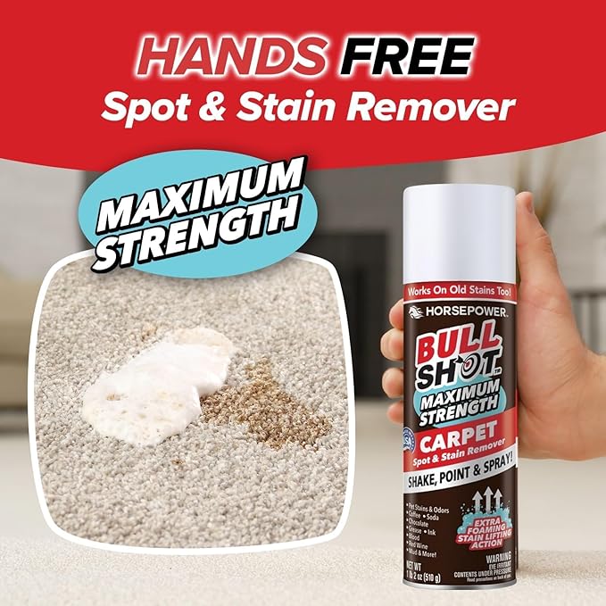 Horsepower Bull Shot MAX Strength Carpet Spot & Stain Remover, AS-SEEN-ON-TV, Made In US, Just Point & Spray, Stain-Lifting Foam Action, Coffee, Wine, New & Old Stains & More