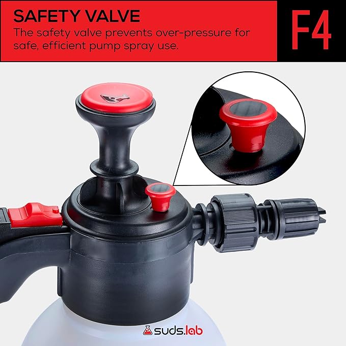 Suds Lab F4 Foaming Pump Sprayer with 70 oz UV Resistant Canister & Ergonomic Handle – Handheld Dual-Action Atomizer Car Foam Sprayer for Detailing, Garden & Home Use