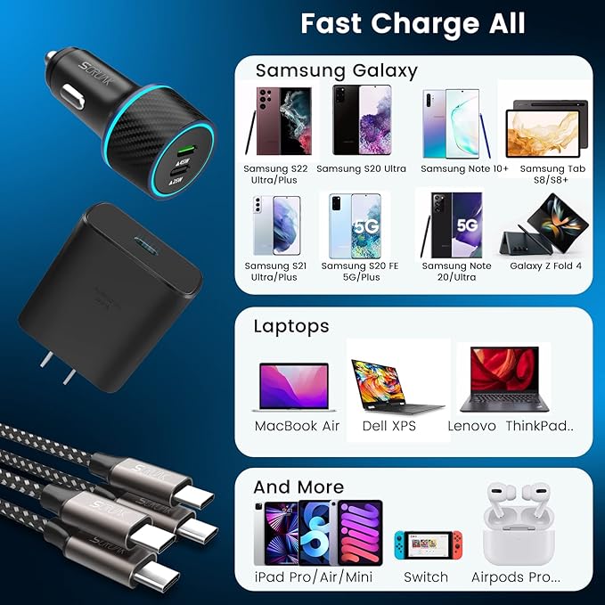 S24 S25 Ultra Charger Type C, SCRUAK 45W PPS Super Fast USB-C Wall/Car Charger for Samsung Galaxy S25 Ultra/S25+/S25/S24 Ultra/S24+/S23/S22/S20/Note 20/Note 10+(with 2X 6.6FT 5A Type C Cable)