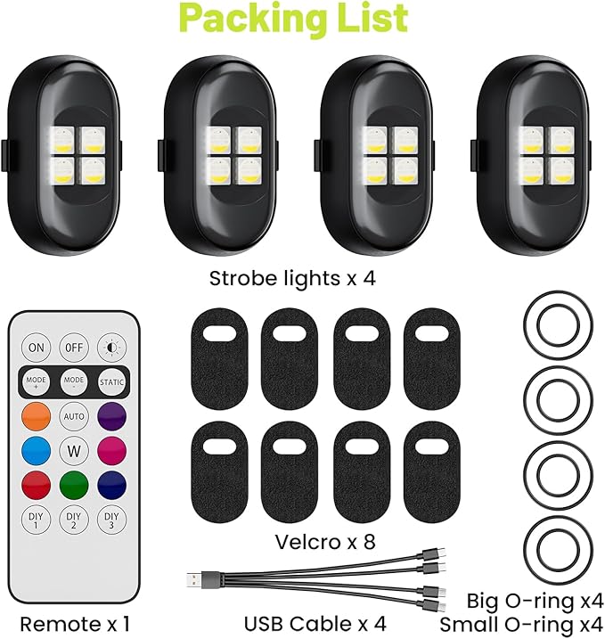 Upgrade LED Lights for Car-4PCS Interior Car Lights with Remote, USB-C 80 Hours 8 Colors IP65 Waterproof Rechargeable Underglow Wireless Strobe Lights for Trucks, eBike, Motorcycle