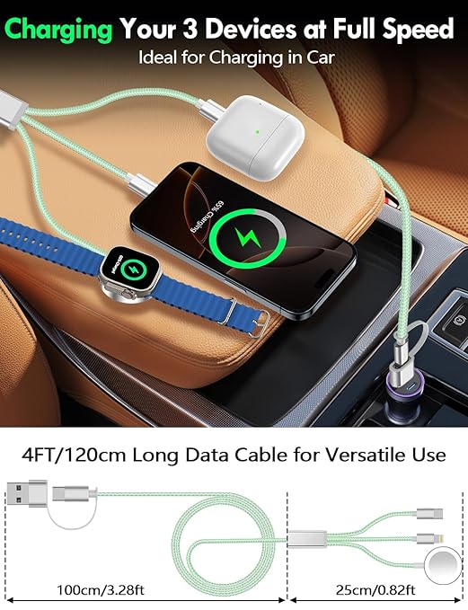 Travel Essentials for Apple Watch Charger,iPhone Charger,3 in 2 Type C/L/Magnetic Fast Charging Cable,Multi Charging Cable Portable Designed for iWatch Series,iPhone 17-11,Galaxy S26-S21,Car-4FT