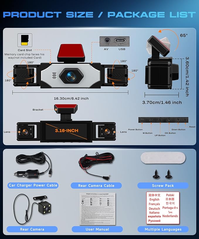 360° Dash Cam 1080P Front+480P Rear Left Right, 4 Channel Dash Cam for Car, 3.16 Inch IPS Dashcams with Night Vision, Loop Recording, Motion Detection, 24/7 Parking Monitor, Reversing Help