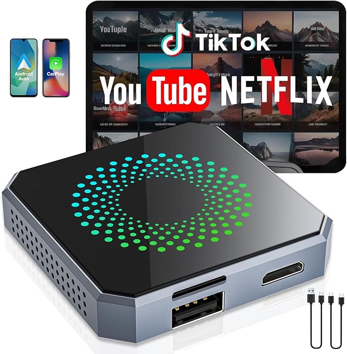5-in-1 Wireless CarPlay & Android Auto Adapter with Netflix/YouTube, [Supports 4K HDMI Output & Screen Mirroring] - Plug & Play Car Play Wireless Smart AI Box for Cars with OEM Wired CarPlay/Auto