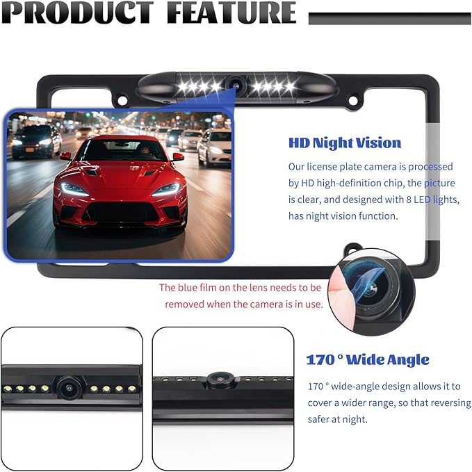 License Plate Backup Camera,170° Wide Angle License Plate Camera with LED HD Night Vision Design,Water Resistant Back up Cameras for Cars for US Licenses Plates,Cars,SUVs