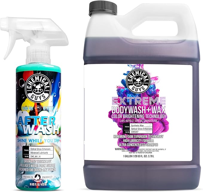 Chemical Guys CWS207A Car Wash, Dry & Shine Bundle - Extreme Bodywash & Wax Foaming Car Wash Soap, 128 oz (1 Gal) + After Wash Gloss Boosting Drying Aid (16 oz) (2 Items) Works on Cars, Trucks, SUVs