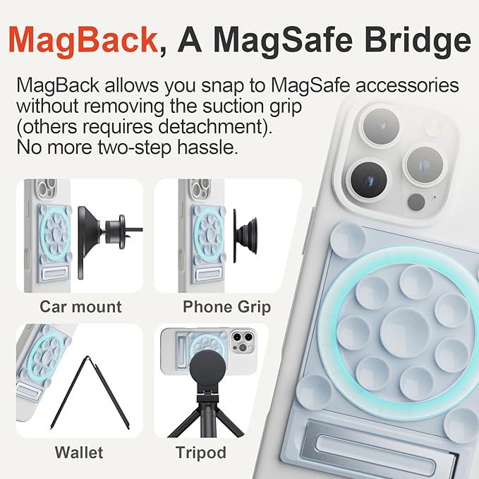 SEMBO Silicone Suction Phone Case Adhesive Sticky Grip Stand with Mag-Back for MagSafe Car/Wall Mounts, Strong Magnetic Holder for Fridge, Gym Equipment, Shower, Hands-Free Selfie (Blue, Adhesive)