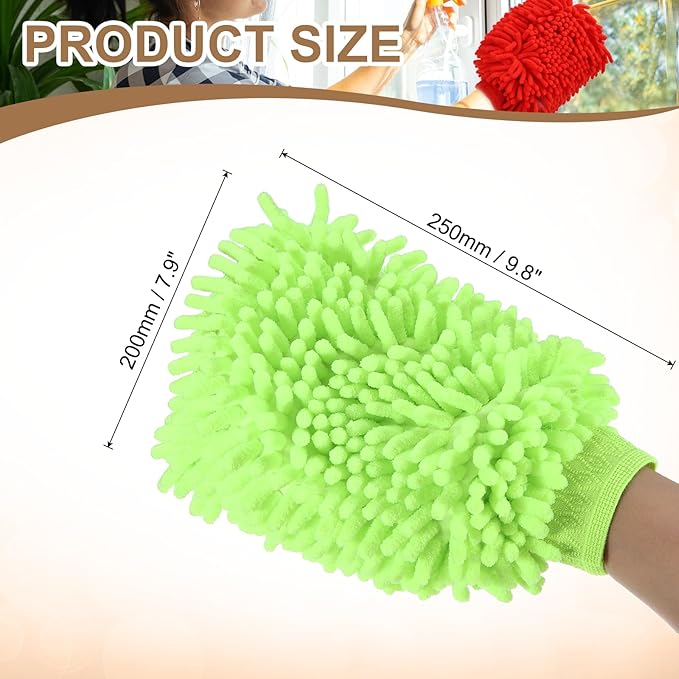 HARFINGTON Premium Chenille Microfiber Car Wash Mitts 9.8" x 7.9" Scratch Free Wash Gloves Absorbent Double Sided Plush Cleaning Drying Mitts for Car Washing Home Light Green