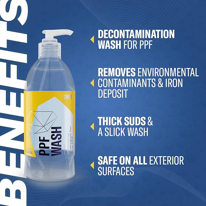 Gyeon PPF Wash paint protection film cleaner decontamination shampoo iron remover foaming safe on coated surfaces high‑suds slick wash routine road grime removal restores optical clarity