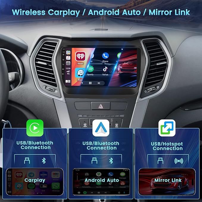 【2+64GB】 Wireless Carplay for Hyundai Santa Fe 2013-2017 Android Car Stereo 9" Touch Screen with Android Auto, Radio Dash Kit GPS Navigation WiFi Bluetooth SWC Mirror Link, Mic Backup Camera