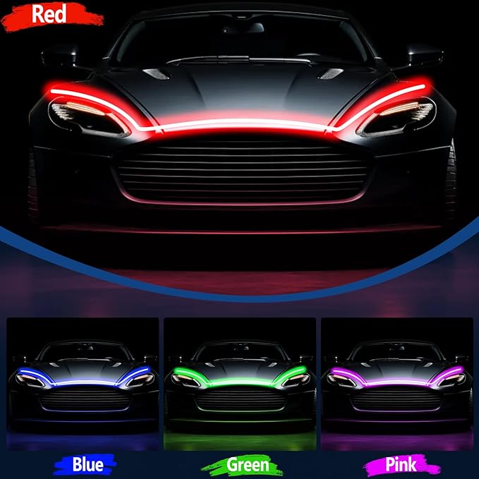 79 Inches RGB Multicolor Dynamic Scanning Starter Hood Lights, Car LED Hood Light Strip, Exterior Flexible Headlight Waterproof Daytime Running Lamps Strips (1 Set)