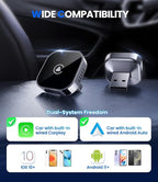 Teeran 2 in 1 Wireless CarPlay and Android Auto Adapter, Easy Setup Plug and Play, Fast Seamless Use Supports 1000+ Cars with Built-in Wired Car Play/Android Auto Compact Sleek Design Car Adapter