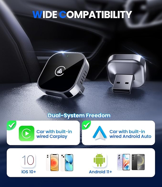 Teeran 2 in 1 Wireless CarPlay and Android Auto Adapter, Easy Setup Plug and Play, Fast Seamless Use Supports 1000+ Cars with Built-in Wired Car Play/Android Auto Compact Sleek Design Car Adapter