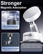 JingJinYY Vacuum Suction Magnetic Phone Holder, 2025 Upgraded Foldable and Retractable Magnetic Mount, A Movable Vacuum Suction Cup Car Phone Stand for Cars/Gyms/Mirrors/Smooth Surface (White)