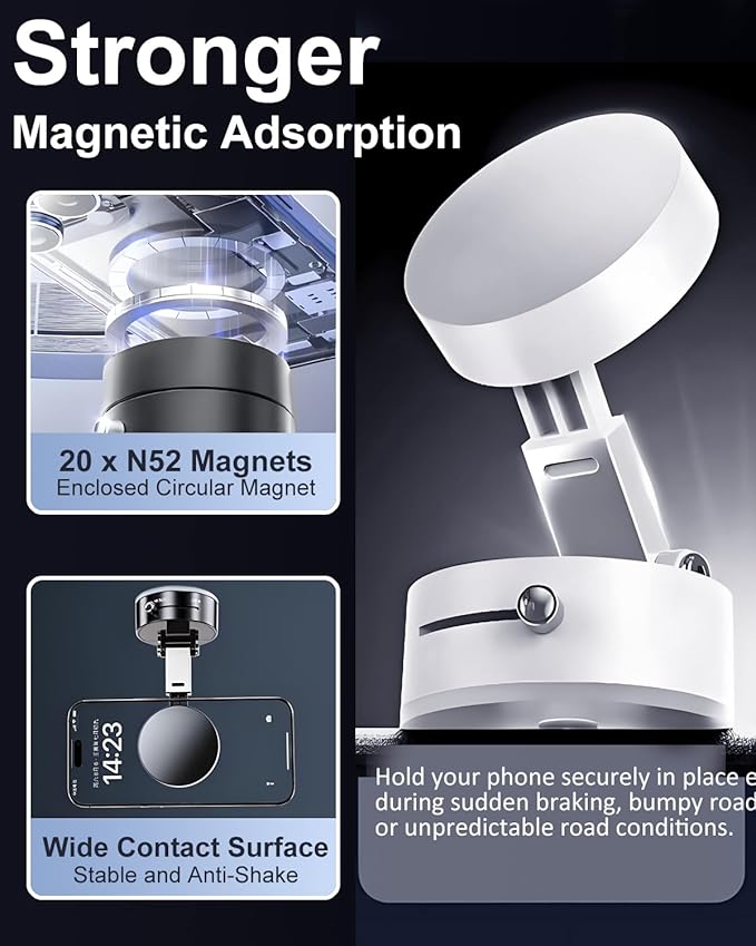 JingJinYY Vacuum Suction Magnetic Phone Holder, 2025 Upgraded Foldable and Retractable Magnetic Mount, A Movable Vacuum Suction Cup Car Phone Stand for Cars/Gyms/Mirrors/Smooth Surface (White)