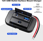 12V Flush Mount USB Charger with Power Switch, Multi-Port Car Charger for RV, Boat, Car, Bus, ATV, Motorcycle - Panel Mount Charging Accessories (PD+QC)