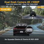 Fitcamx 2160P+Rear 1080P Dash Cam Adapts for Hyundai Elantra 2021-2025 SE SEL Limited N Line Blue Manual (AA000), OEM Look, Dual HD Video, WiFi & APP, Loop Recording, G-Sensor, Easy to Set, 128GB Card