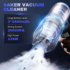 Saker Car Vacuum Portable Cordless 20000Pa Suction Power 4 in 1 Handheld Vacuum with LED Light Type-C Portable Mini Vacuums for Gifts Car, Home, Office, Pet HL157 Blue