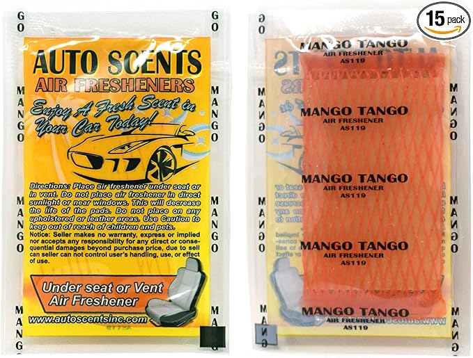 Individually Wrapped - Professional Car Air Freshener Pads - Remove Smells & Add Ambience (15 Per Pack) (Mango Tango)