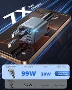 SUPERONE 6 in 1 Retractable Car Charger with Dual Type C Cables, 99W Ultra-Compact USB C Car Accessories Adapter with 4 USB Ports, Fast Charging Car Charger for iPhone 17/16/15/14/13/12, Galaxy, iPad