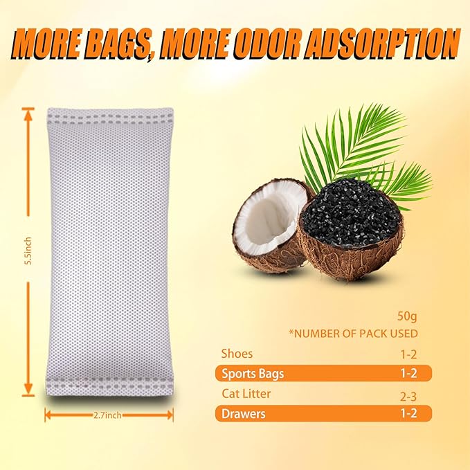 Coconut Shell Charcoal Air Purifying Bags 50g, Removes Odors and Moisture, Nature Fresh Air Purifier Bags, Odor Eliminator for Home, Car, Pets, Bathroom, Basement