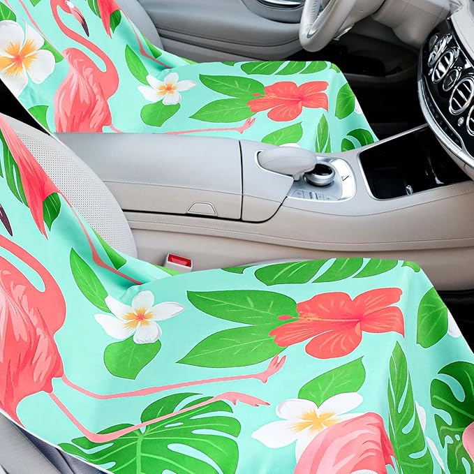 Hahafelt 2 Pack Car Seat Towel Covers with Storage Bag, 63 x 32 Inch Universal Non Slip Waterproof Sweat Protector for Car Truck, Gym Swimming Running, Machine Washable (Green Leaf Flamingo)