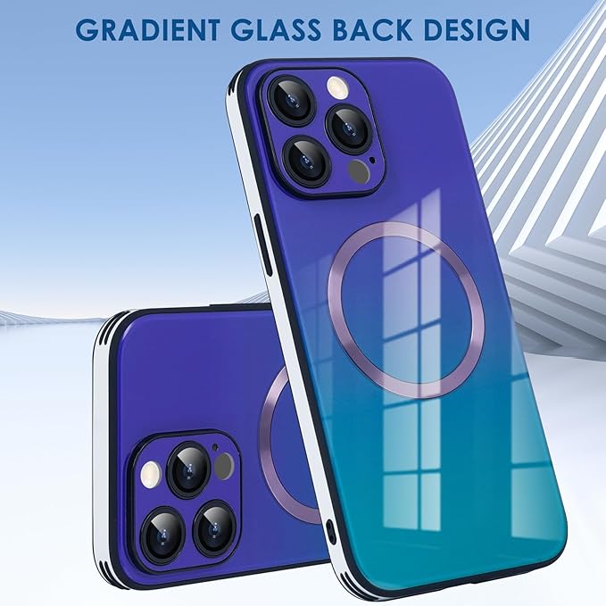 Guppy Compatible with iPhone 15 Pro Case Magnetic, with Full Camera Lens Protector [Compatible with MagSafe] Scratch Resistant Gradient Glass Back Cover Phone Case-Purple
