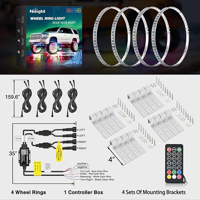 Nilight 4PCS 17.5inch Wheel Ring Lights Deram Color with APP and Remote Control Neon Lights Million Colors w/Turn Signal and Braking Function for Car Van SUV Truck