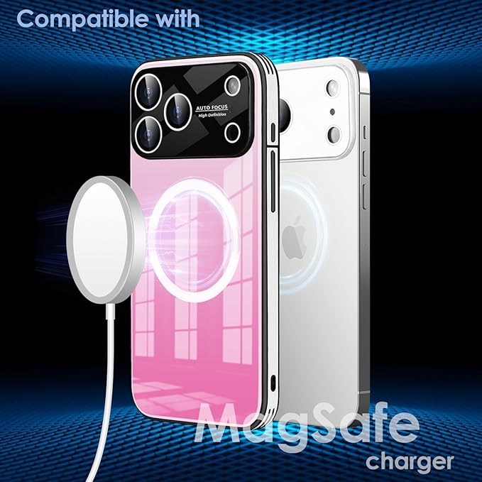 Guppy Compatible with iPhone 17 Pro Magnetic Case, with Full Camera Lens Protector [Compatible with MagSafe] Scratch Resistant Gradient Glass Back Cover Phone Case-Pink