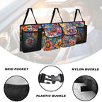 Boho Floral Flowers Backseat Trunk Organizer for Car Dahlia Hanging Cargo Bag Sturdy Trunk Storage Bag with 4 Storage Bags and 3 Adjustable Buckles