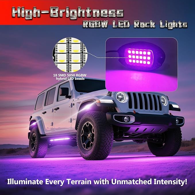 12 Pods Alloy RGBW LED Rock Lights for ATV UTV Golf Cart RZR RV Boat Semi Truck Offroad SUV Cars, Waterproof Multicolor Neon Underglow Chassis Lighting with APP/RF Remote Music Mode, Underbody Light
