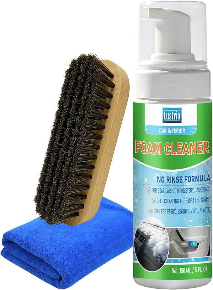 Car Interior Foam Cleaner – All-in-One Auto Detailing Kit with Soft Brush & Microfiber Towel – Safe for Leather, Vinyl, Fabric, Plastic Trim – No-Rinse Upholstery & Carpet Cleaner 150ml（5oz）