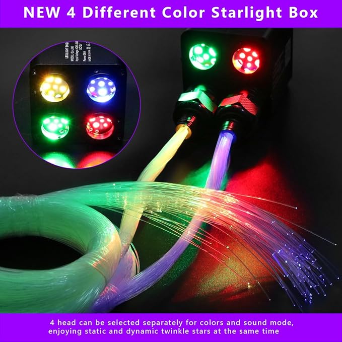 AZIMOM 4Port 36W Twinkle 1200pcs 0.03in 9.8ft Fiber Optic Starlight Headliner Kits 4Colors Light Source Sound Activated Remote APP Control Home Indoor Ceiling Car Headliner Decoration