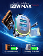 120W for iPhone 17 Pro Max Car Charger, Dual PD 60W & QC 3.0 Cigarette Lighter USB Charger with 60W Type C Cable, Car Charger USB C, Car Accessories for iPhone 17/16 Pro/Air, Galaxy S25, iPad, MacBook