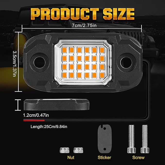 12Pods LED Rock Lights Amber 24led Chips Waterproof Neon Underglow Lighting Kit for Trucks SUV ATV Car
