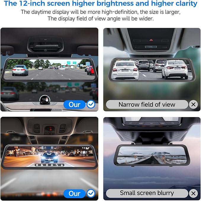 4K Mirror Dash Cam,Rear View Mirror Camera with WiFi,Dash Cam Front and Rear for Car,G-Sensor,7/24H Parking Mode,12" Touch Screen,Includes 64GB Card