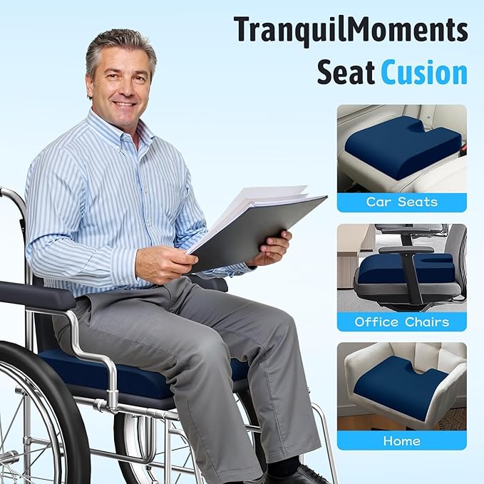 TranquilMoments U-Shaped Gel Memory Foam Seat Cushion, Wheelchair Cushion with Cooling Gel, Ergonomic Coccyx Cushion for Office Chair & Car,Relieve Tailbone Pain, Sciatica, Back Pain, Non-Slip Bottom