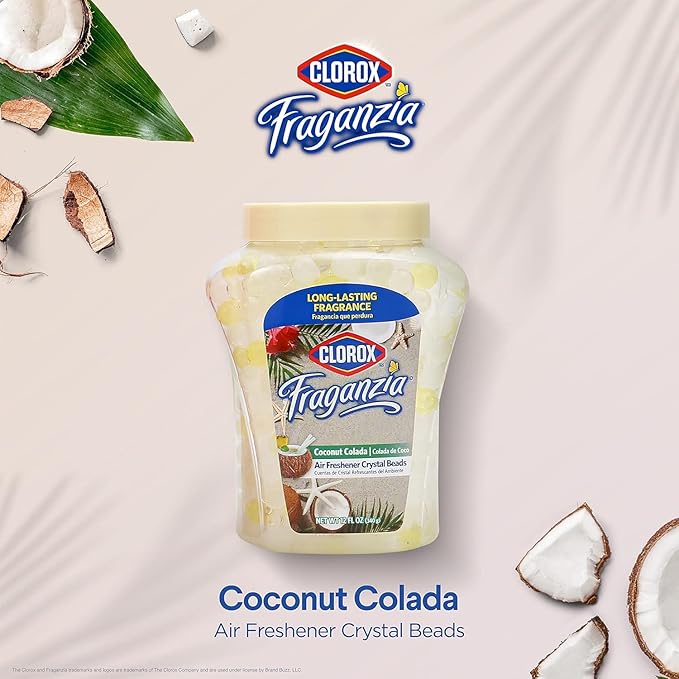 Clorox Fraganzia Crystal Beads Air Freshener, Long Lasting Room Deodorizer and Odor Eliminator Gel Beads to Freshen Home, Car, or Office, Coconut Colada Scent, 12 Fl Oz - 2 Pack