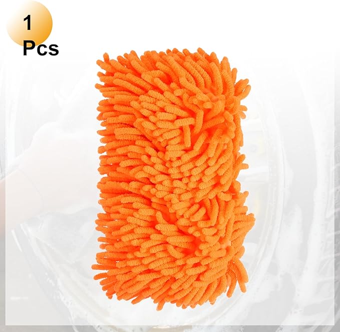 HARFINGTON Car Wash Sponge 9.1" x 4.7" Chenille Microfiber Mitt Scratch-Free Absorbent Scour Scrubber Cleaning Sponge for Washing Detailing on Cars, Trucks, SUV, Boats, RVs, Orange