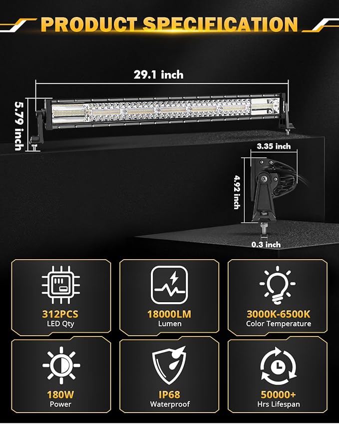 Auxbeam 30 Inch 180W LED Light Bar, 6 Modes Spot Flood Combo Offroad Lighting Amber White Strobe Fog Light, Memory Reset Function Waterproof Driving Work Light with Wiring Harness Kit