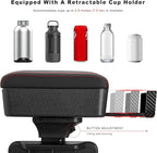 Car Armrest Storage Box with Cup Holder, Adjustable Leather Auto Seat Gap Filler Armrest Extender Pad, Liftable Forearm Wrist Support Center Console Storage Case for SUV Truck (Black & Red)