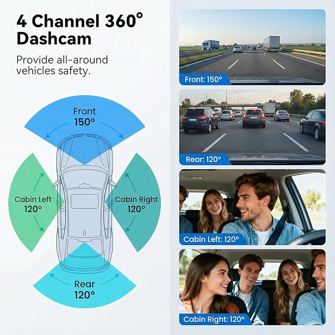 SIXTOP 360 Degree View 4 Channel Dash Cam,1080P Front and Rear Inside Left Right Dash Camera for Cars, 3" IPS Screen Night Vision, G-Sensor, 24H Parking Mode,Wide Angle Loop Recording,Reverse Assist