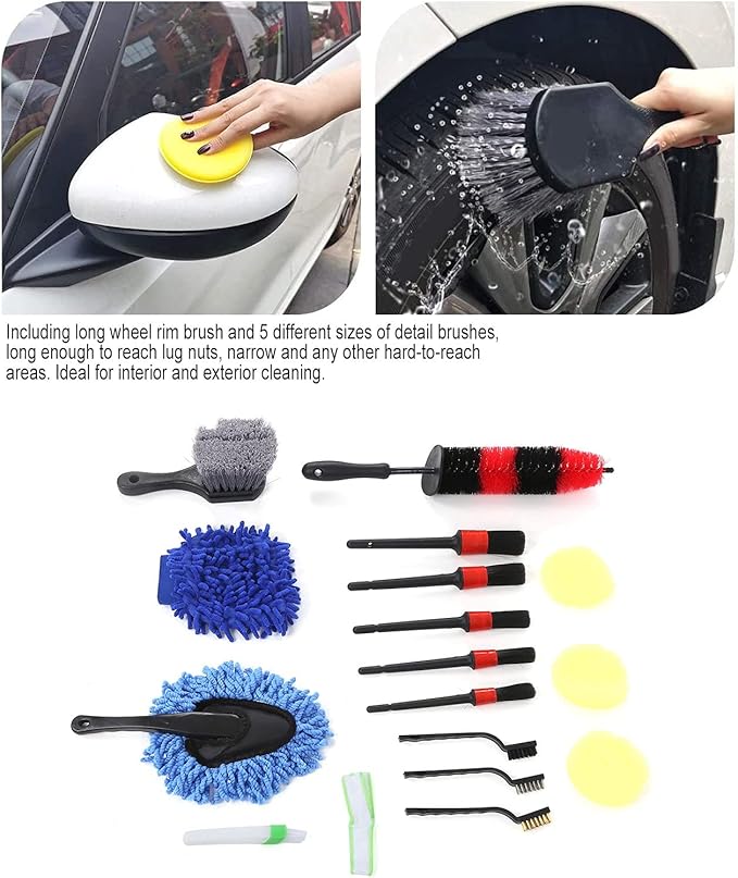 17Pcs Detailing Brush Set, Wheel Rim Cleaning Kit, Car Truck Interior Exterior Air Vents Emblems Scrub Tool with Long Wheel Brush, Detail Brushes, Steel Wire Brushes for Hard to Re