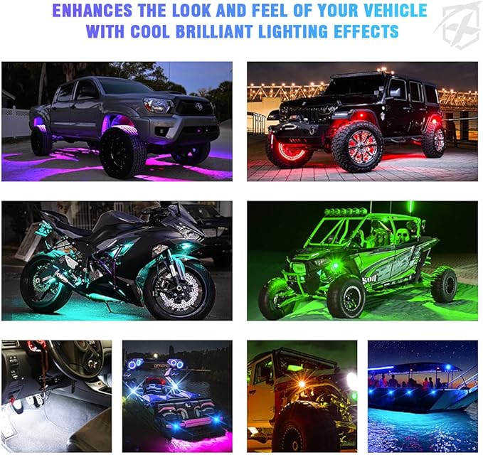 Xprite 8 Pods Rock Lights Wide Angle Bluetooth RGB Rocklights, Multicolor Neon Lighting Footwell Underglow Kits w/Wireless Remote, Compatible Jeep UTV ATV SUV RZR Off-Road Trucks Cars Boats