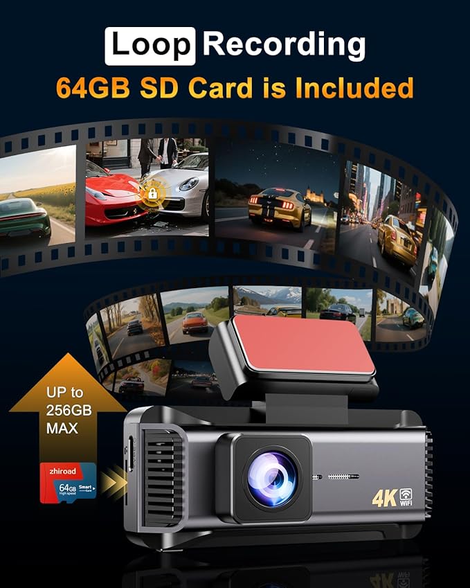 4K Dash Cam Front, Dash Camera for Cars 5Ghz WiFi/APP Control, 64GB Card Included, 2.99'' IPS Screen, 2160P Car Dashcam, Night Vision, 24H Parking Monitor, Loop Recording, G-Sensor, Max Support 256GB