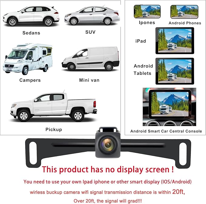 YEOIZO Wireless License Plate Backup Camera for Car/SUV - No Drilling WiFi HD 160° View, Waterproof Reverse/Rear View Camera with Real-Time Signal, Compatible iPhone/Android/iPad (Parking/Hitch Aid)