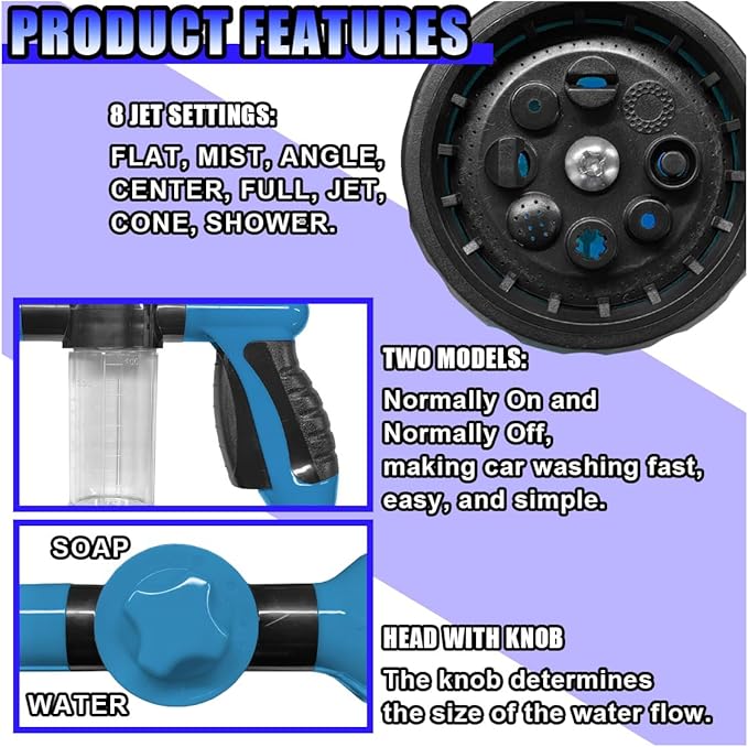 High Pressure Car Wash Foam Gun, 8 Way Spray Pattern Garden Hose Nozzle with 3.5oz/100cc Soap Dispenser, Adjustable Hose Spray Nozzle for Car Washing, Pet Shower, House Cleaning (Blue)