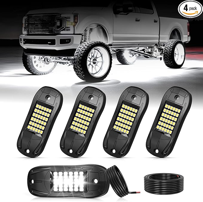 4 Pods 6500k White Rock Lights, IP68 Waterproof 36 LEDs SMD Chips Underglow Kit for Truck Pickup SUV UTV ATV RZR Car Boats