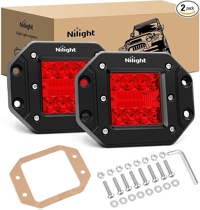 Nilight Flush Mount LED Light Pods 2 PCS 42 W Red Upgraded Spot Flood Combo Bumper Driving Fog Lights Fishing Hunting Emergency Safety Signal Light for UTV Pickup Van Boat Tractor